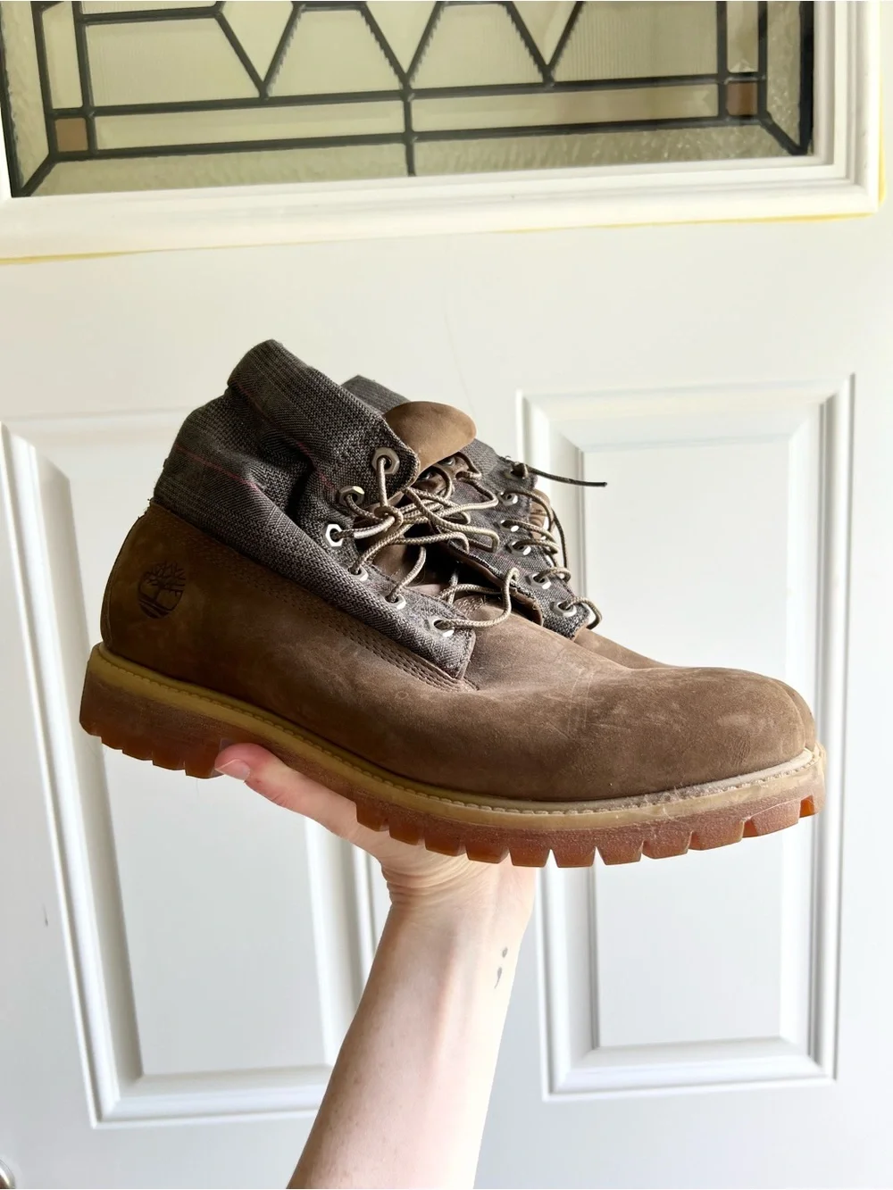 Timberland Roll Top Leather Lace Up Boots in Plaid Top